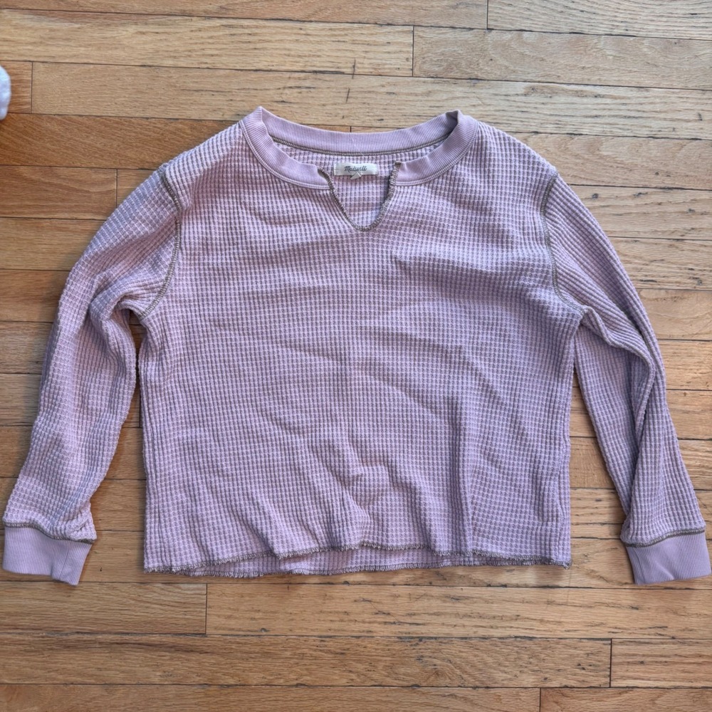 Madewell Womens Waffle Knit Long Sleeve boxy Thermal Top Pink Split Neck S